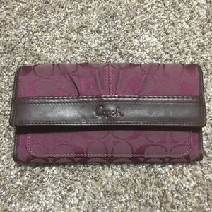 Coach Dark Purple Leather Canvas Trifold Wallet